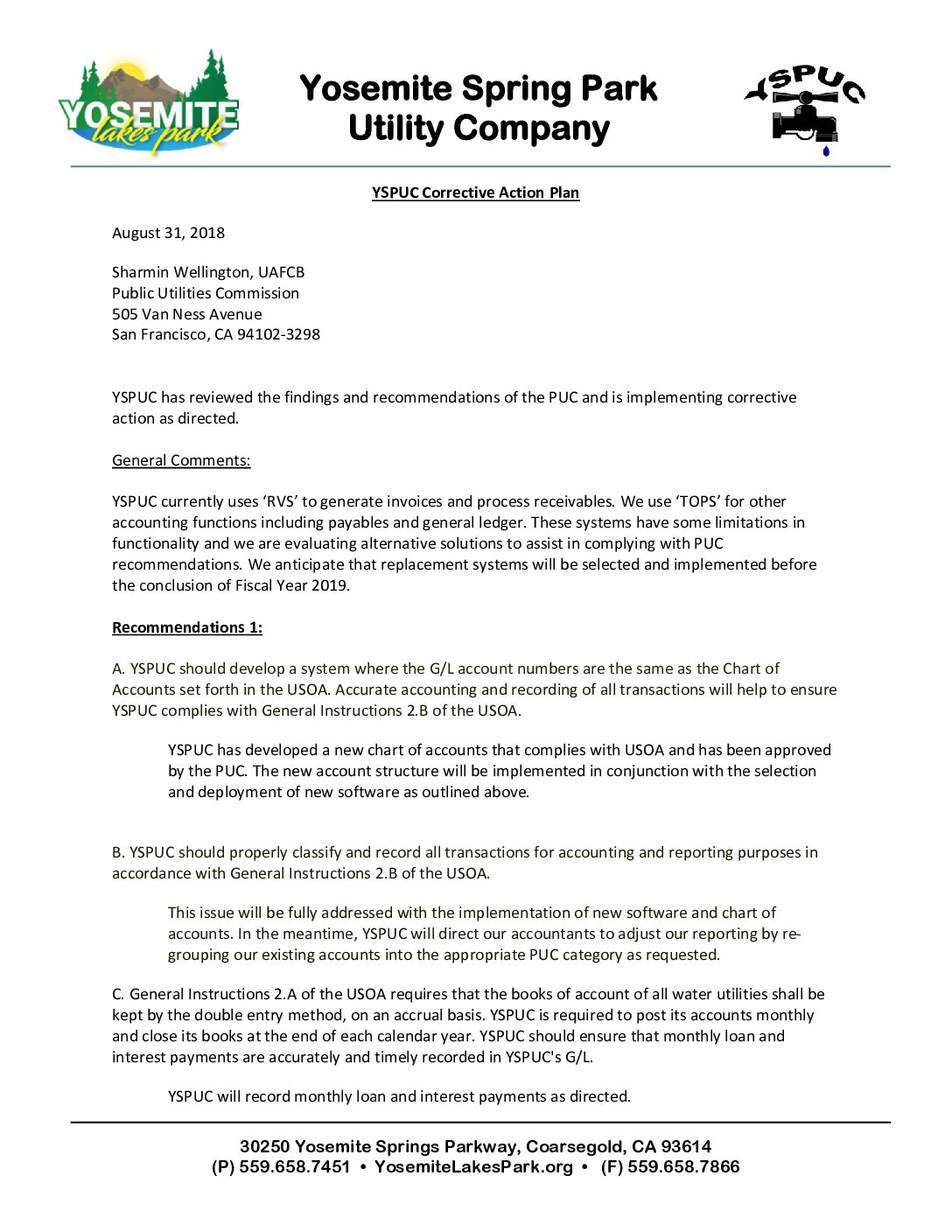 YSPUC 2018 Corrective Action Plan